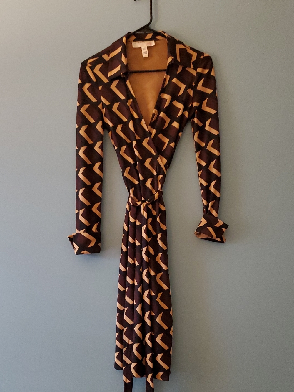 Diane Von Furstenberg Brown and Tan Geometric Wrap Dress